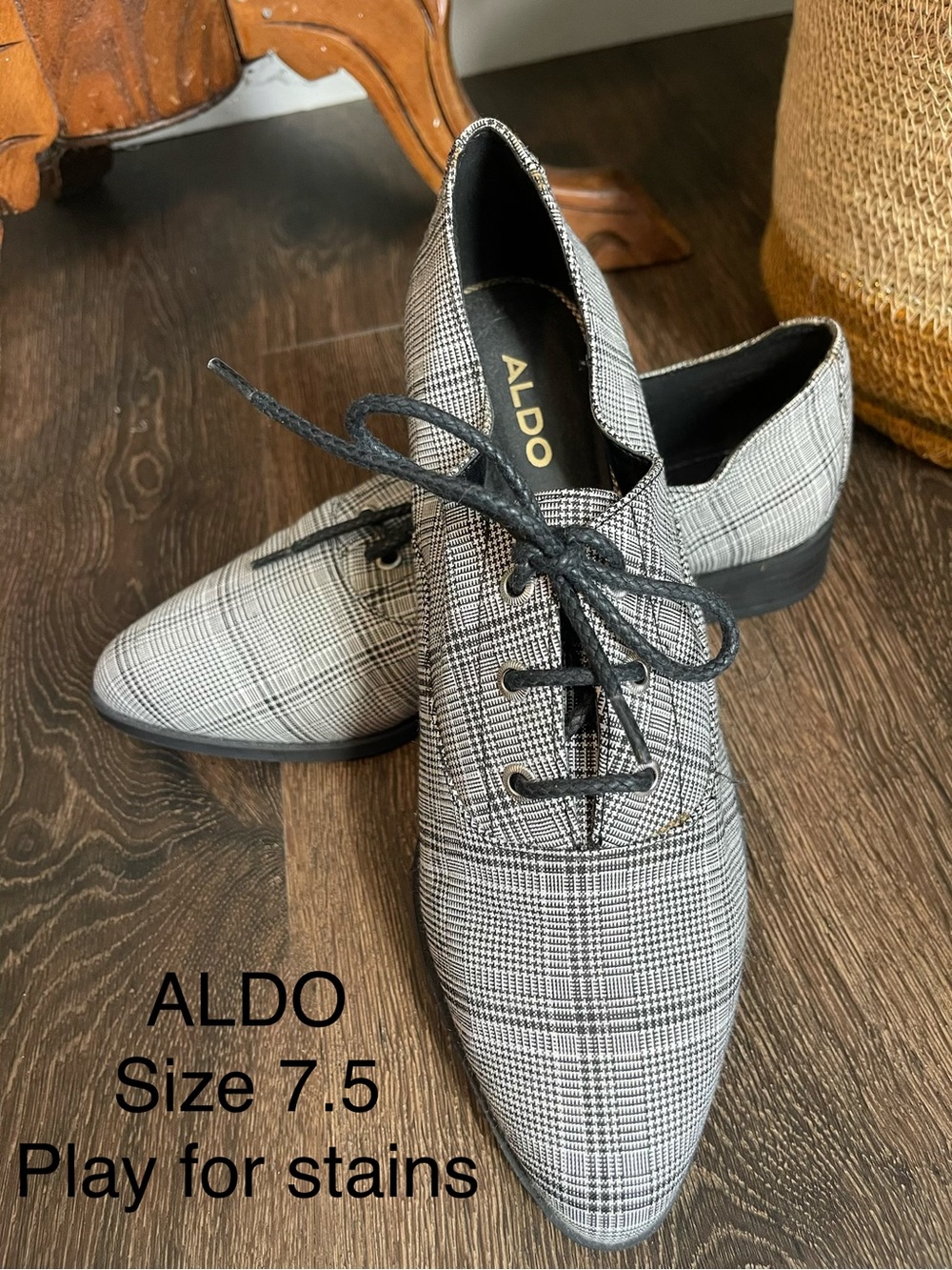 Aldo Black and Gray Plaid Lace-Up Oxfords